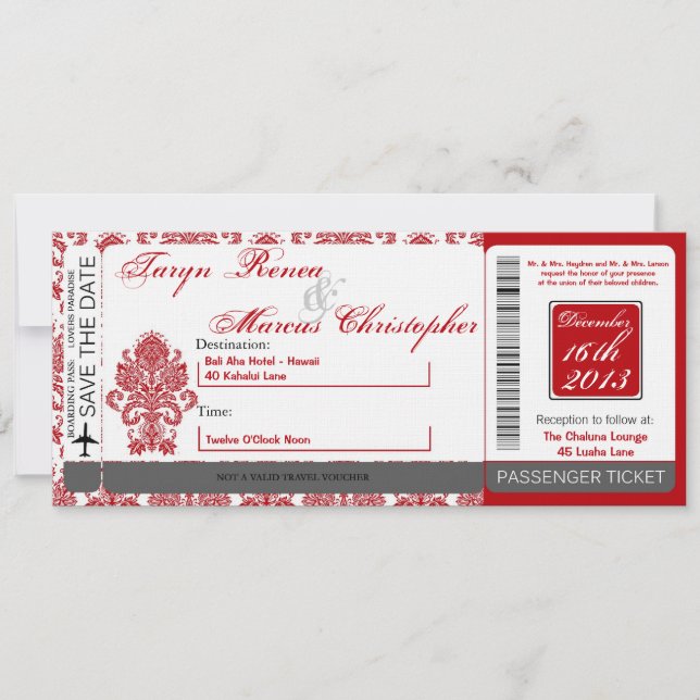 Convite Embarque Linen Wedation Damask Red (Frente)