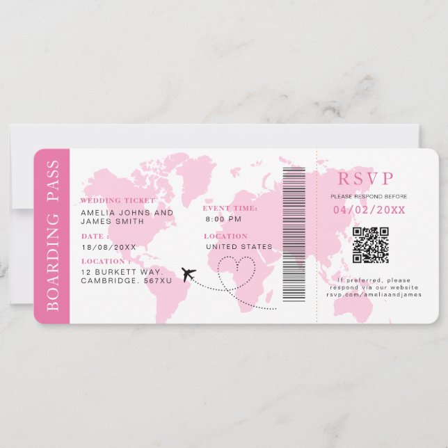 Convite Embarque Pass Destino Casamento QR código Rsvp (Frente)