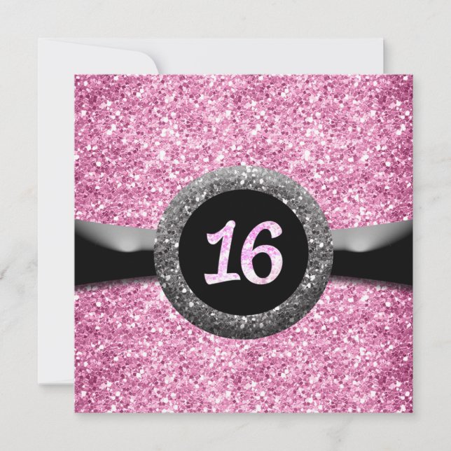 Convite Emblema de Fita Sweet 16 Brilho Rosa (Frente)