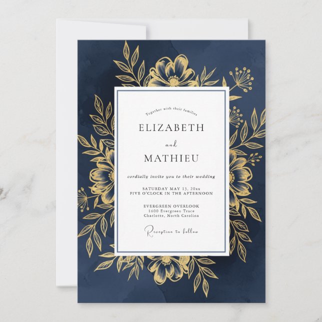 Convite Emblema Floral Dourado da Marinha Casamento (Frente)