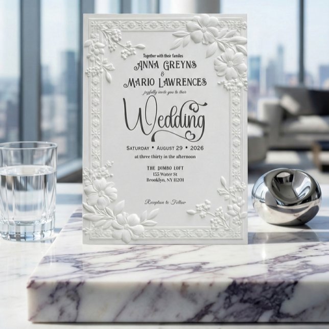 Convite Embossed Floral White Formal Wedding  (Criador carregado)