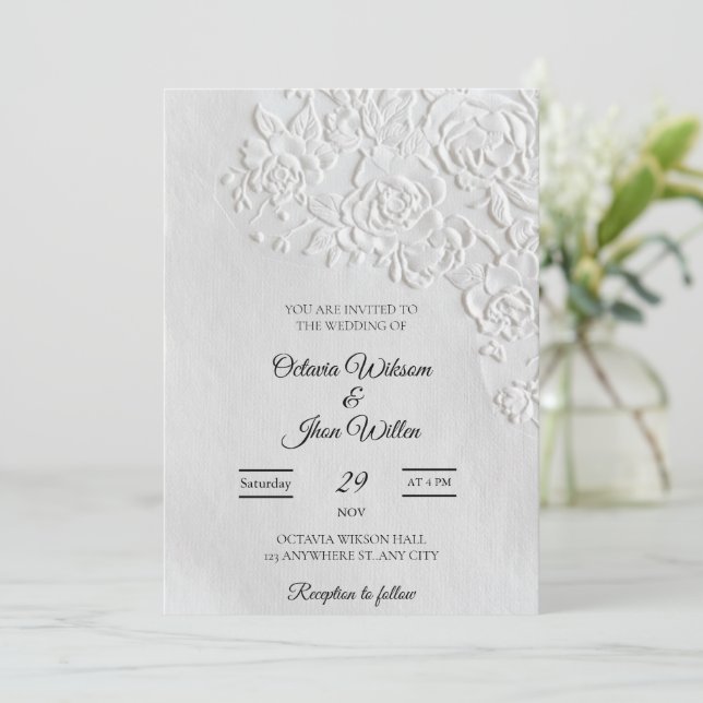 Convite Embossed Roses Deckled Edge Sage Wedding (Em pé/Frente)