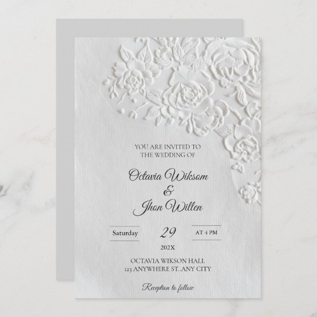 Convite Embossed Roses Deckled Edge Sage Wedding (Frente/Verso)