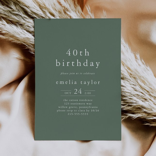 Convite EMELIA Forest Woodland Sage Green aniversário de 4 (EMELIA Forest Woodland Sage Green 40th Birthday Invitation)