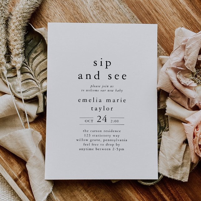 Convite EMELIA Sip preto branco e neutro único Boho (EMELIA Unique Neutral Boho White Black Sip and See Invitation)