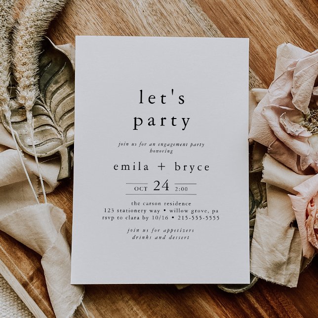 Convite EMELIA White Black Rustic Simple Boho Party (Parti (EMELIA White Black Rustic Simple Boho Let's Party Invitation)