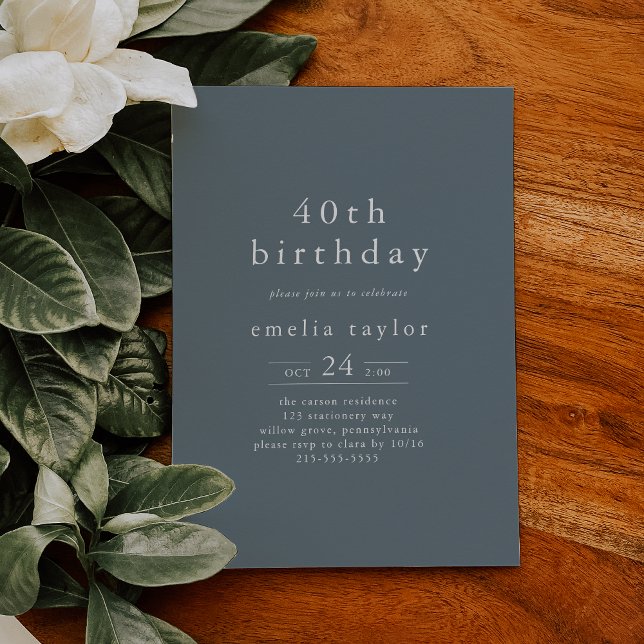 Convite EMELIA Winter Minimalist Dusty Blue aniversário de (EMELIA Winter Minimalist Dusty Blue 40th Birthday Invitation)