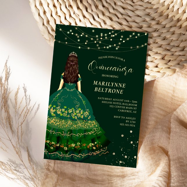 Convite Emeral Verde e Dourada Princesa Quinceañera (Criador carregado)
