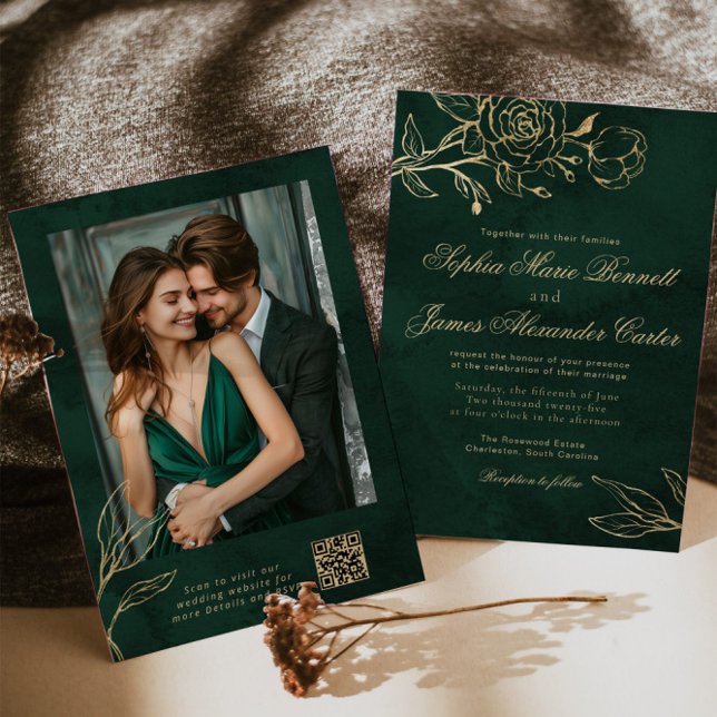 Convite Emerald and Gold Elegant Botanical Photo Wedding (Criador carregado)