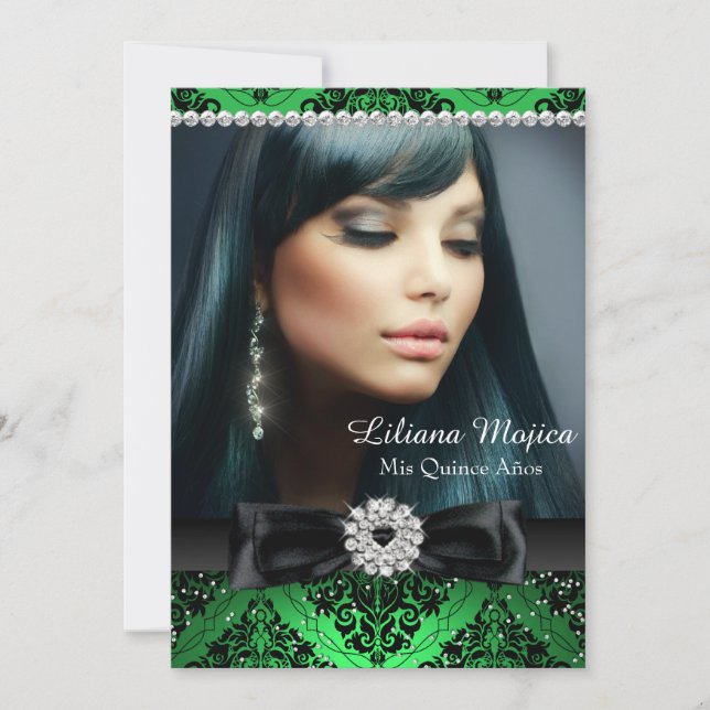 Convite Emerald Black Diamond Arco & Damask Quinceanera (Frente)
