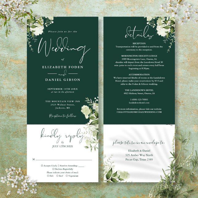 Convite Emerald Botanical Floral Tudo Em Um Casamento (Emerald Botanical Floral All In One Wedding Invitation)