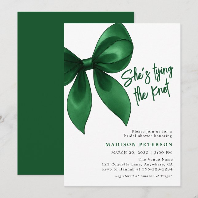 Convite Emerald Bow She's Tying the Knot Bridal Shower (Frente/Verso)