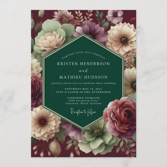 Convite Emerald Burgundy Dramatic Bloom Wedding (Frente)