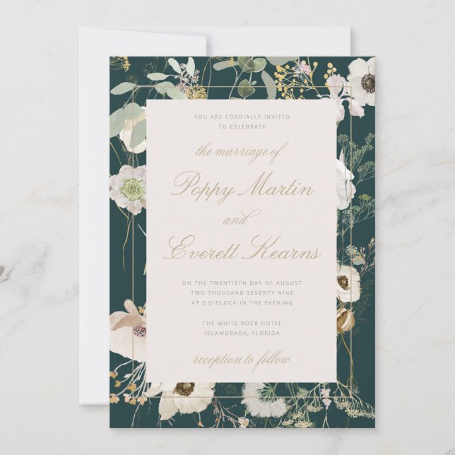 Convite Emerald & Cream Floral Poppy Wedding Invitation (Frente)