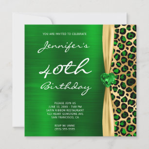 Convite Emerald Dourado Leopard Foil Gem Ribbon aniversári