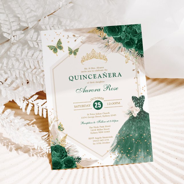 Convite Emerald Dourado Quinceañera Boho Floral Mis Quince (Criador carregado)