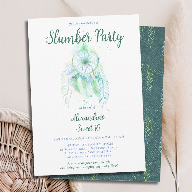 Convite Emerald Dream Catcher Slumber Partido PJ Sweet 16 (sweet 16 slumber party invitation birthday pj sleep over dreamcatcher emerald green watercolor boho)
