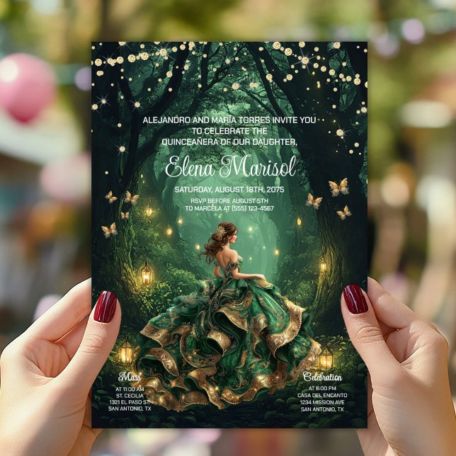 Convite Emerald Encantada Forest Quinceañera (Enchanted forest Quinceañera invite with beautiful gown, butterflies, forest lanterns. Add your info)