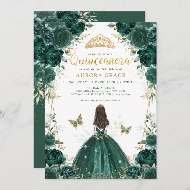 Convite Emerald Encantada Forest Quinceañera Princess (Frente/Verso)