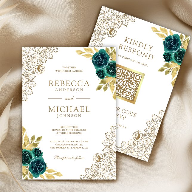 Convite Emerald Floral White Gold Lace QR Code Wedding (Criador carregado)