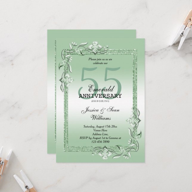 Convite Emerald Gem & Glitter 55th Wedding (Frente/Verso In Situ)