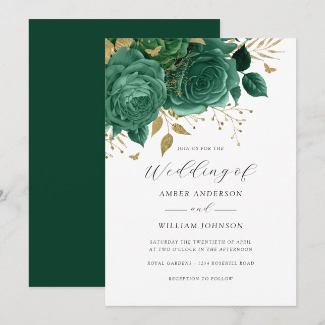 Convite Emerald Gold Floral Rose Wedding   (Frente/Verso)
