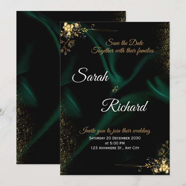 Convite Emerald Gold Luxury Wedding Invitation (Frente/Verso)