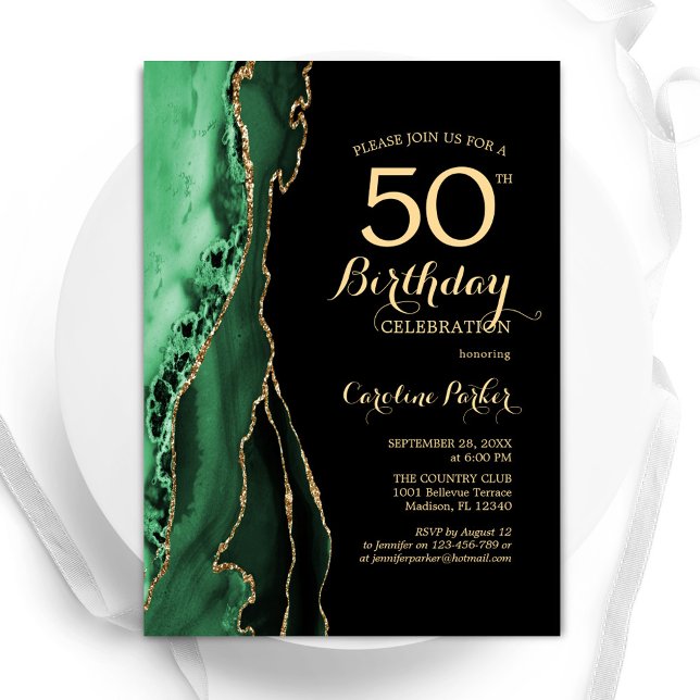 Convite Emerald Green Agate Dourado Black 50º aniversário (Criador carregado)