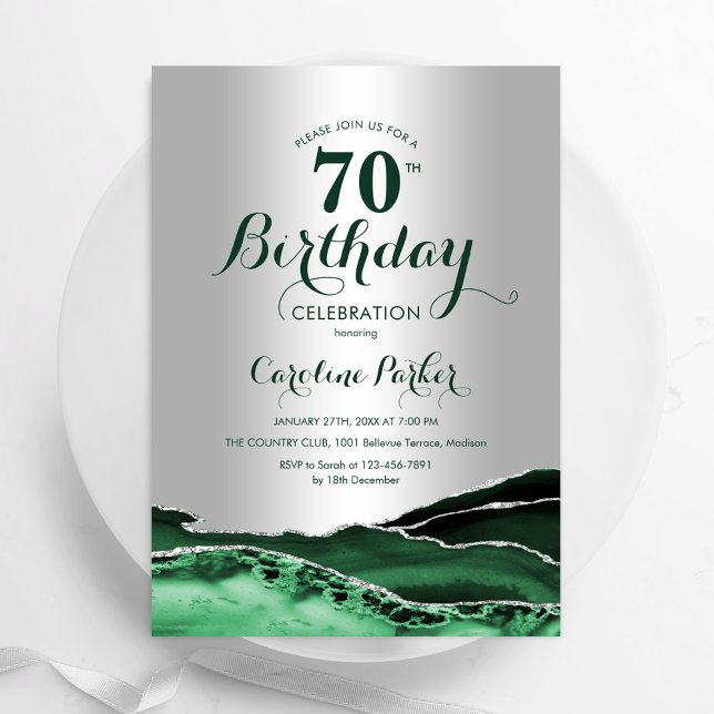 Convite Emerald Green Agate Marble 70 Birthday (Criador carregado)