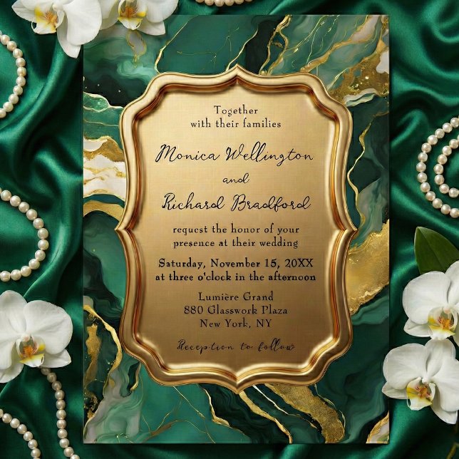 Convite Emerald Green and Gold Agate Marble Luxury Wedding (Criador carregado)