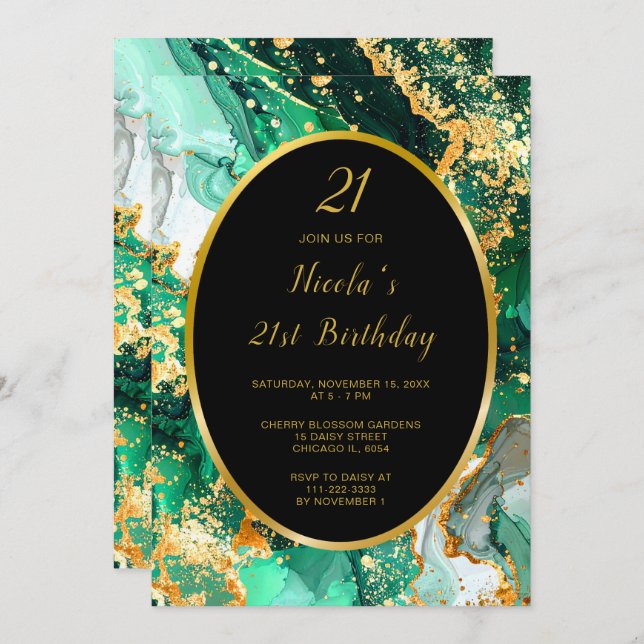 Convite Emerald Green and Gold Marble Agate Birthday Party (Frente/Verso)