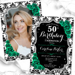 Convite Emerald Green Black Damask Foto 50º aniversário<br><div class="desc">Elegante convite floral feminino de 50 anos com sua foto no final do cartão. Design verde esmeralda preto brilhante com prata brilhante. Apresenta cor damasco preta e branca, rosas verdes, fonte de script e confetti. Perfeito para uma festa de comemoração de na moda adulto. Personalize com seus próprios detalhes. Pode...</div>