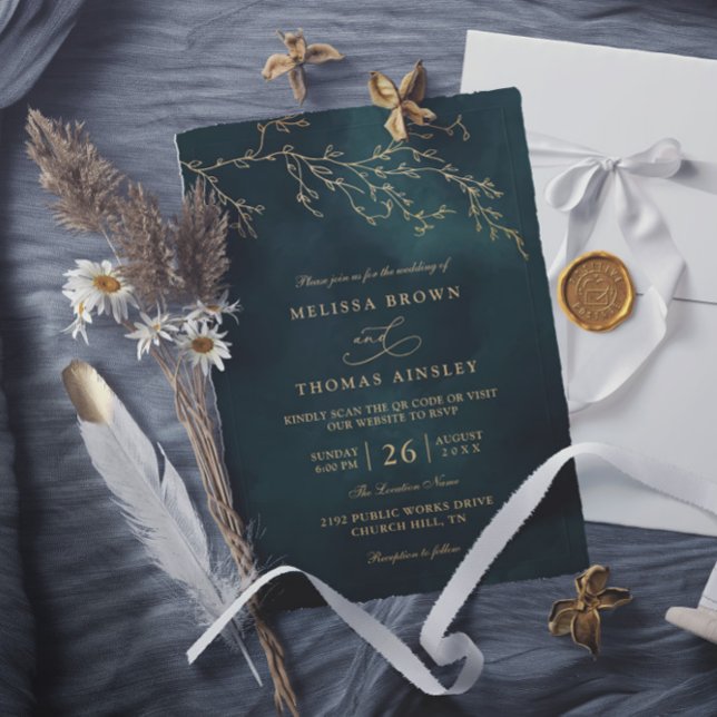 Convite Emerald Green Botanical Elegant QR Code Wedding (Criador carregado)