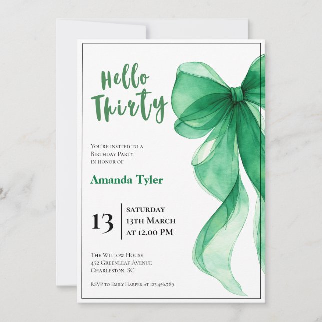 Convite Emerald Green Bow 30th Birthday Invitation (Frente)