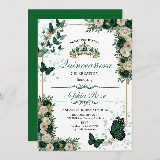 Convite ​Emerald Green Butterfly Quinceañera Invitation (Frente/Verso)