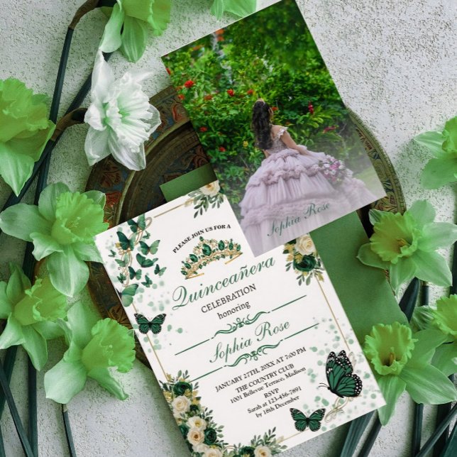 Convite Emerald Green Butterfly Quinceañera Photo Invite (Criador carregado)
