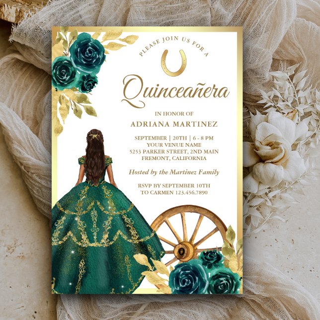 Convite Emerald Green Charro Vestido Floral Dourado Quince (Criador carregado)