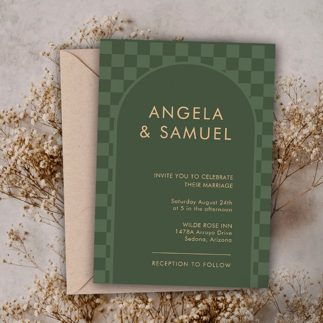 Convite Emerald Green Checkered Modern Weding Invitation (Criador carregado)