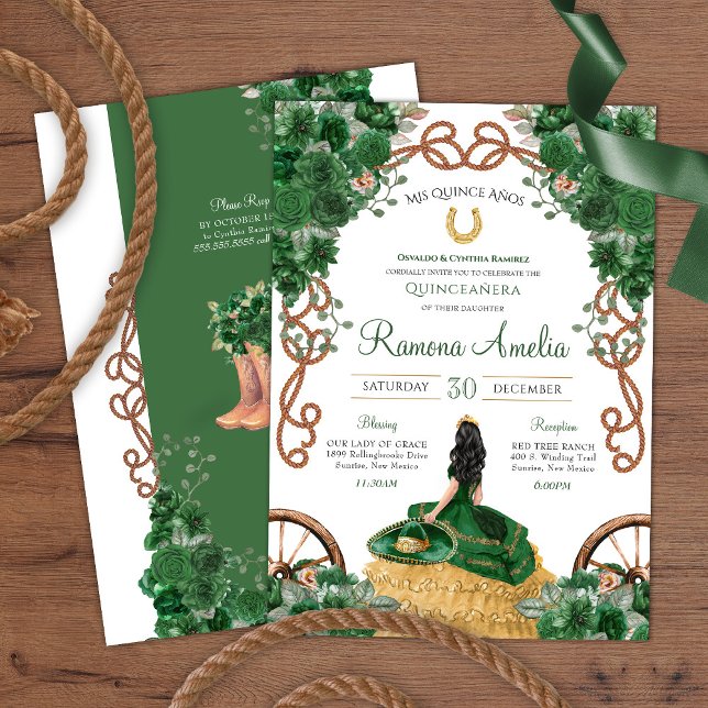 Convite Emerald Green Country Western Charro Quinceañera (Criador carregado)