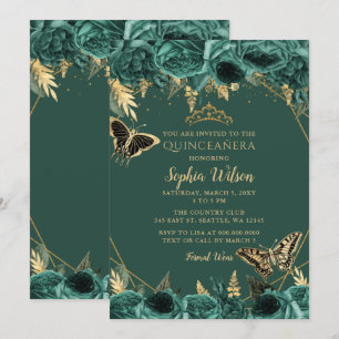 Convite Emerald Green Dourada Borboleta Floral Quinceañer