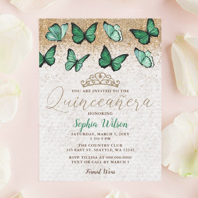Convite Emerald Green - Dourada Borboleta Glitter Quinceañ (Emerald Green Gold Glitter Butterfly Quinceañera Invitation)