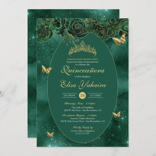 Convite Emerald Green Dourada Butterfly Quinceanera (Frente/Verso)