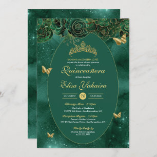 Convite Emerald Green Dourada Butterfly Quinceanera