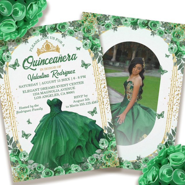 Convite Emerald Green Dourada Glitter Floral Quinceanera (Emerald Green Gold Glitter Floral Quinceanera Invitation)