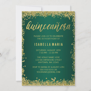 Convite Emerald Green Dourada Glitter Quinceanera 15