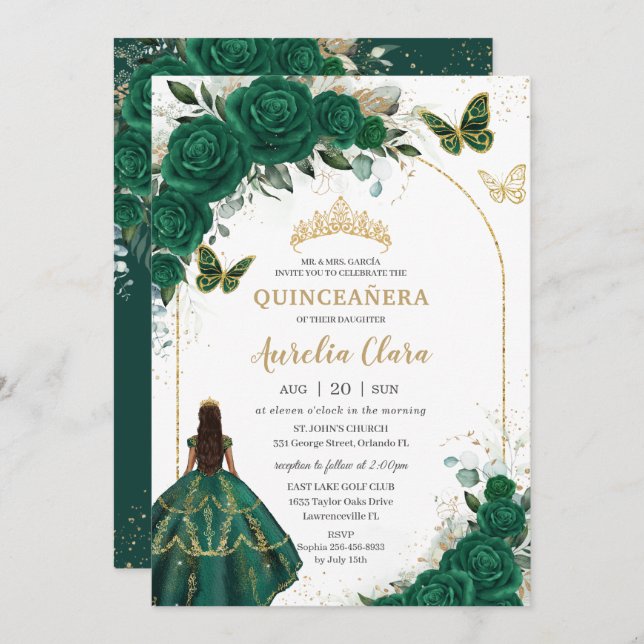 Convite Emerald Green Dourada Princesa Floral Quinceañera (Frente/Verso)