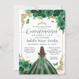 Convite Emerald Green, Dourada Princesa Floral Quinceañera