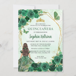 Convite Emerald Green Dourada Princesa Floral Quinceañera