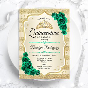 Convite Emerald Green Dourada Quinceanera Floral