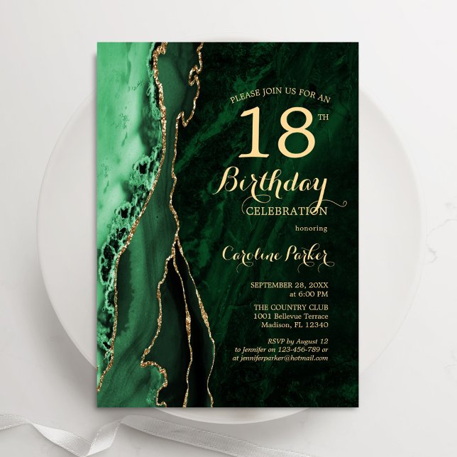 Convite Emerald Green Dourado Agate 18º aniversário (Criador carregado)